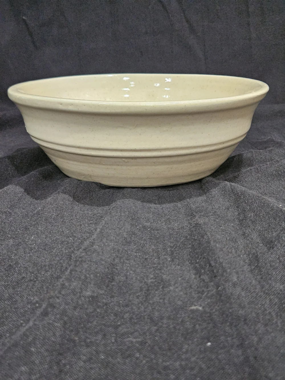 Vintage Stoneware Mixing Bowl Cream Ceramic Flared Rim Ribbed Farmhouse Ringware